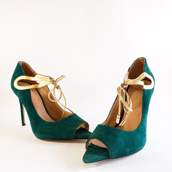 Green open toe pumps / heels with gold bow ties - Picture 2 of 4